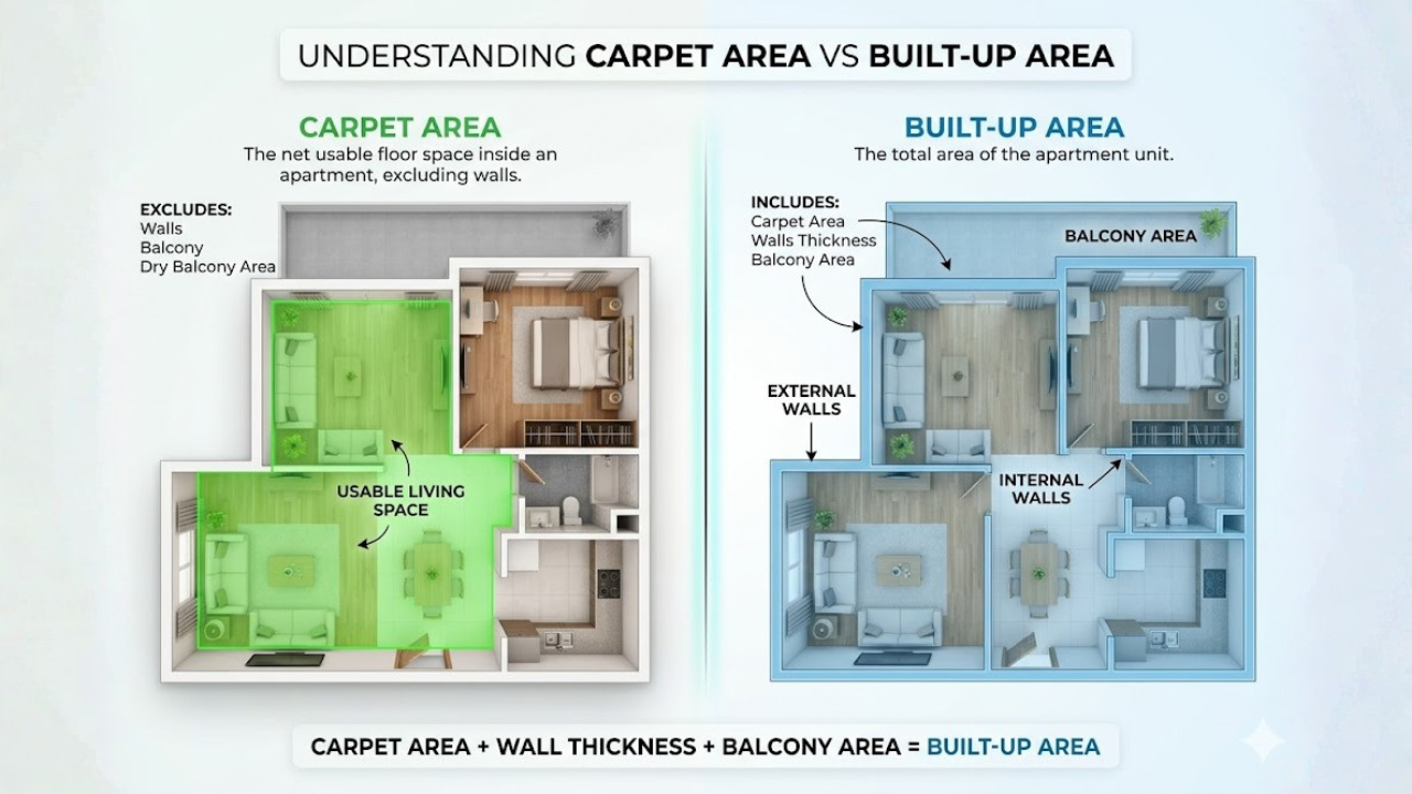 What is a Carpet Area, Built-Up Area, & Super Built-Up Area? How they are calculated & Key Differences