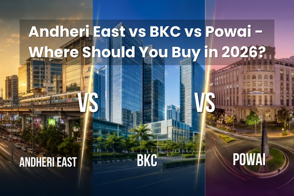 Comparison of Andheri East vs BKC vs Powai showing residential towers, business hubs, connectivity, and property investment options in Mumbai.