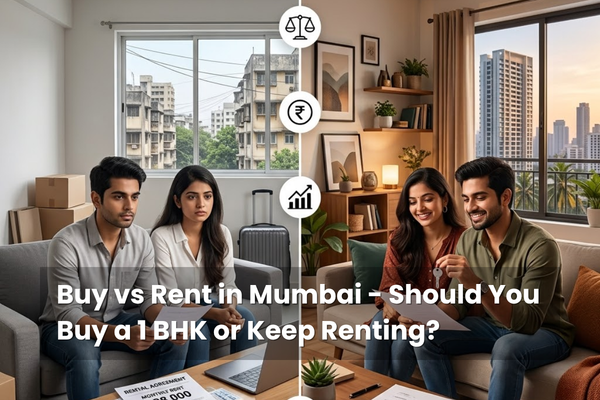 Comparison of buying vs renting a 1 BHK in Mumbai, showing home ownership costs, rent expenses, and property investment decisions.