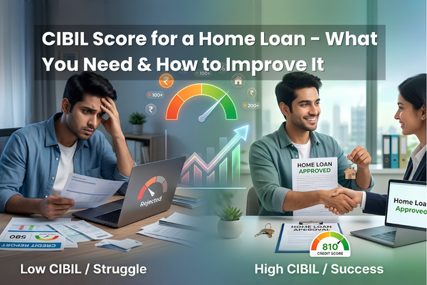 Illustration showing CIBIL Score for a Home Loan with credit report, score range, and tips to improve loan eligibility in India.