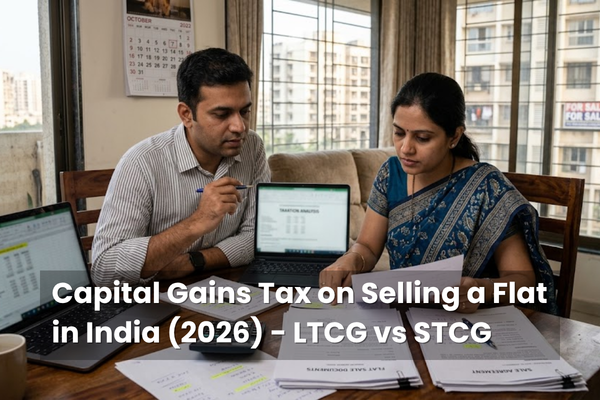 Infographic explaining capital gains tax on selling a flat in India in 2026, comparing LTCG vs STCG rates, exemptions, and tax calculations.