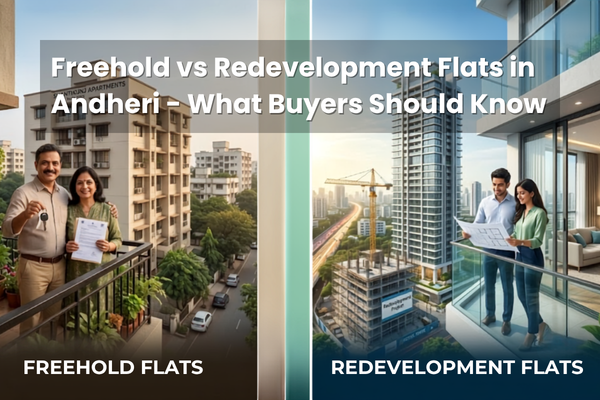 Comparison of freehold vs redevelopment flats in Andheri showing ownership benefits, costs, risks, and buyer considerations.