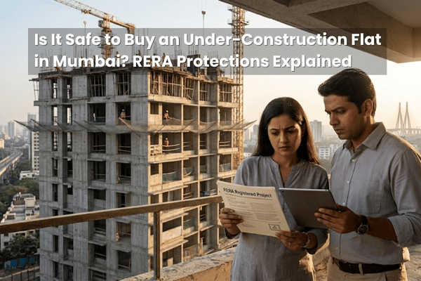 Homebuyer reviewing an under-construction flat in Mumbai with RERA project details, highlighting buyer protections and investment safety.