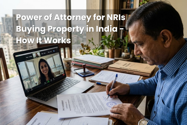 NRI signing a Power of Attorney document for property purchase in India with legal papers and real estate agreement on desk