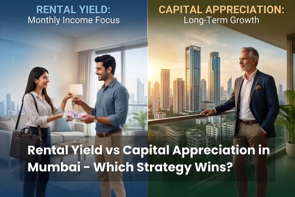 Comparison chart showing rental yield vs capital appreciation in Mumbai real estate, highlighting investment returns and property growth strategies.
