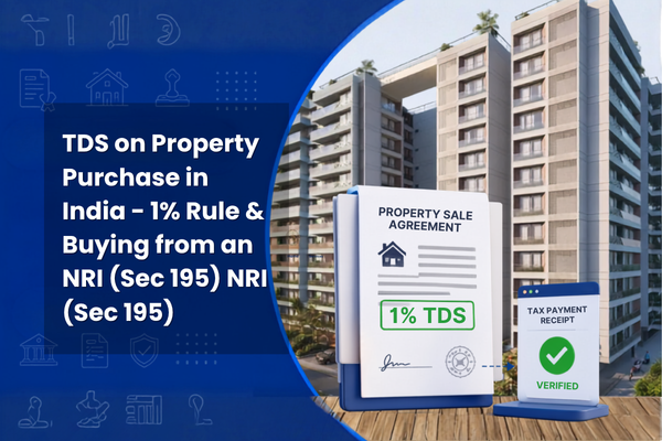 Illustration explaining TDS on property purchase in India, including the 1% TDS rule and tax deduction requirements when buying from an NRI.