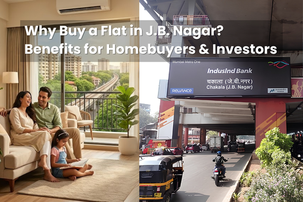 Modern residential buildings and neighborhood view in J.B. Nagar, showcasing why buying a flat in J.B. Nagar is ideal for homebuyers and investors.