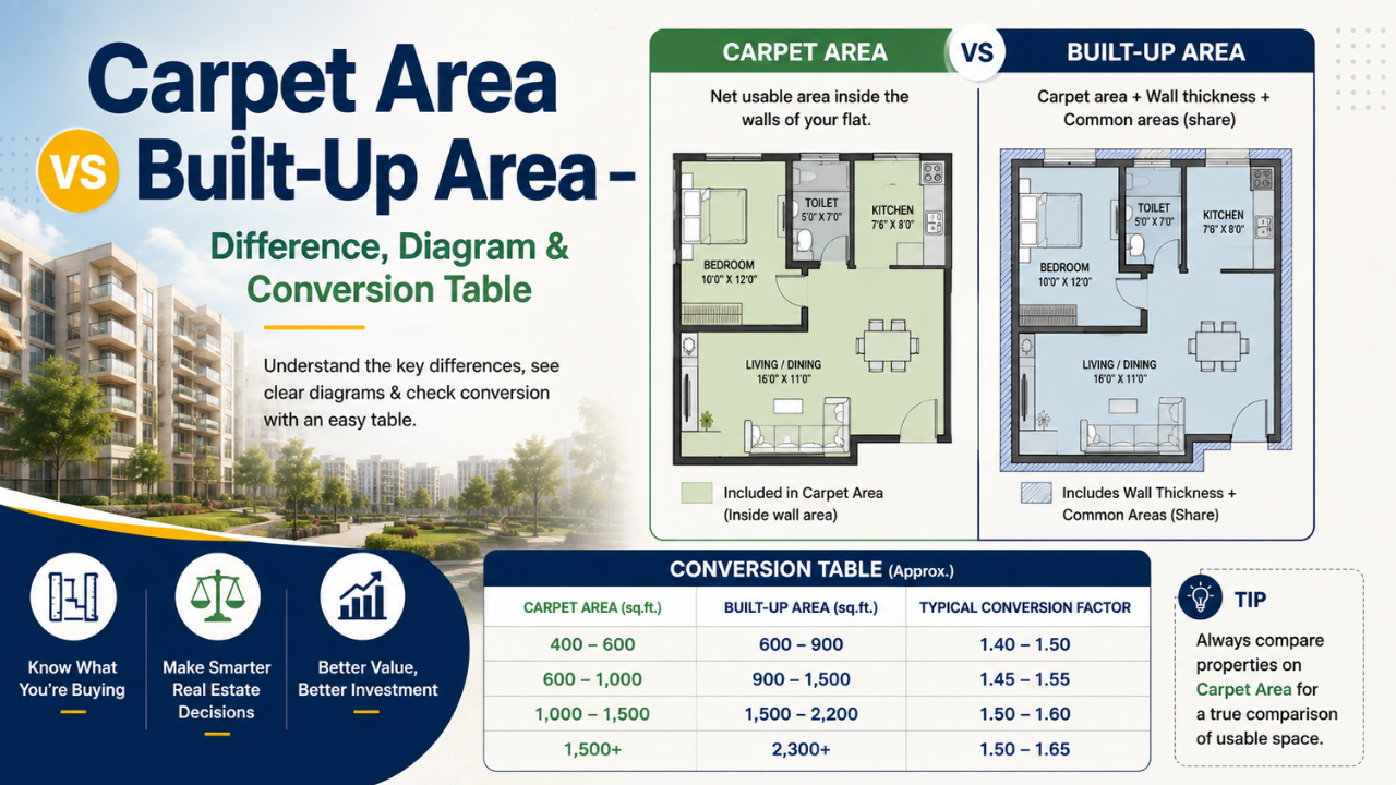 Carpet area and built-up area comparison for residential property