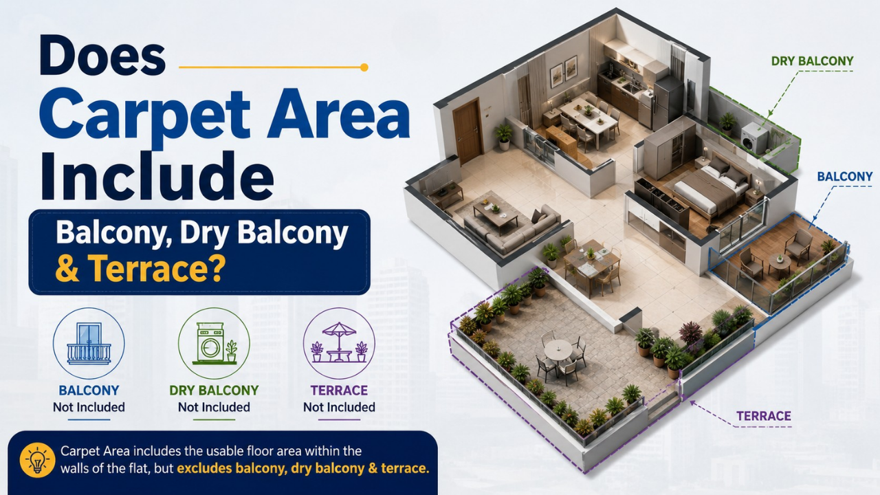 Apartment carpet area with balcony dry balcony and terrace explained